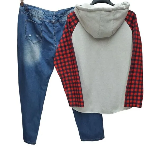 Womens XL Hooded Sweatshirt Distressed Jeans Set Red Plaid Blue Gray Flag Casual