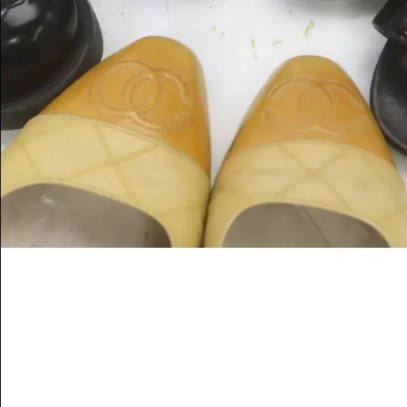 Yellow &amp; Beige Chanel CC  leather shoes 36 1/2