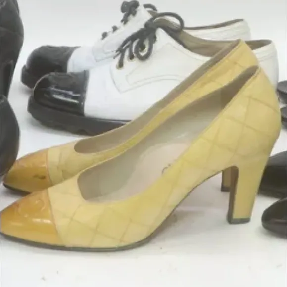 Yellow &amp; Beige Chanel CC  leather shoes 36 1/2