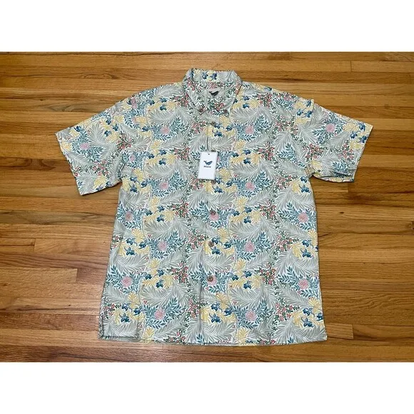 Yiume Button Up Shirt Men's M White Tropical Print Hawaiian Short Sleeve Cotton