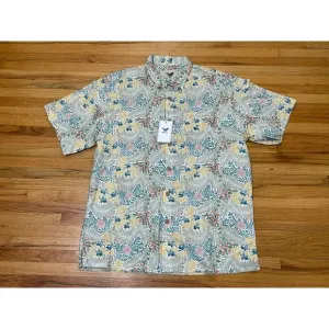 Yiume Button Up Shirt Men's M White Tropical Print Hawaiian Short Sleeve Cotton