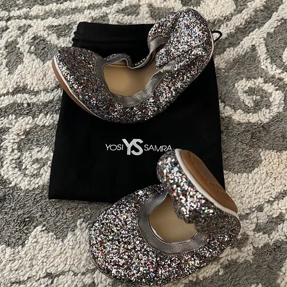 Yosi Samra foldable flats, silver / rainbow glitter, size 8 NEW!