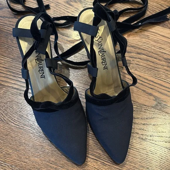 Yves Saint Laurent Vintage crepe and velvet lace up Black slingback heels, 7
