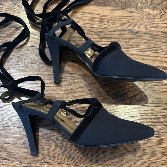 Yves Saint Laurent Vintage crepe and velvet lace up Black slingback heels, 7
