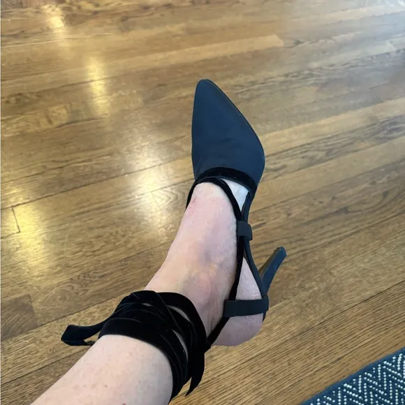 Yves Saint Laurent Vintage crepe and velvet lace up Black slingback heels, 7