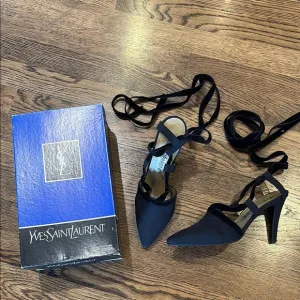 Yves Saint Laurent Vintage crepe and velvet lace up Black slingback heels, 7