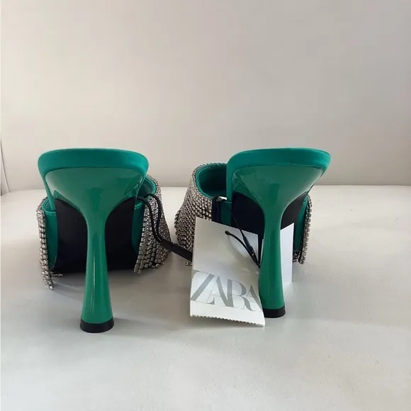 Zara Green Crystals Heel Slip On Mules Sandals 7.5