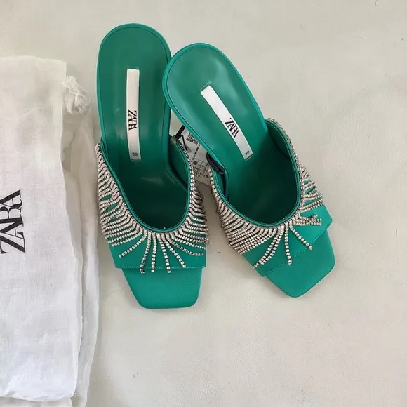 Zara Green Crystals Heel Slip On Mules Sandals 7.5