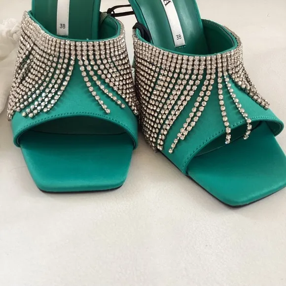 Zara Green Crystals Heel Slip On Mules Sandals 7.5