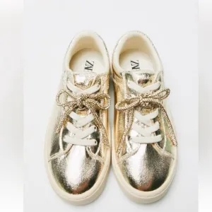 Zara Metallic Gold tone Lace up Sneakers(Size 4)
