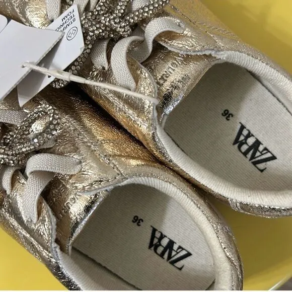 Zara Metallic Gold tone Lace up Sneakers(Size 4)