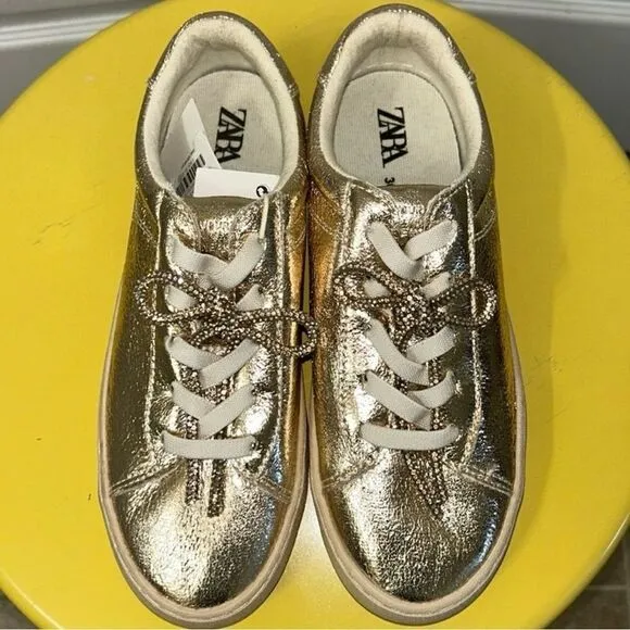 Zara Metallic Gold tone Lace up Sneakers(Size 4)