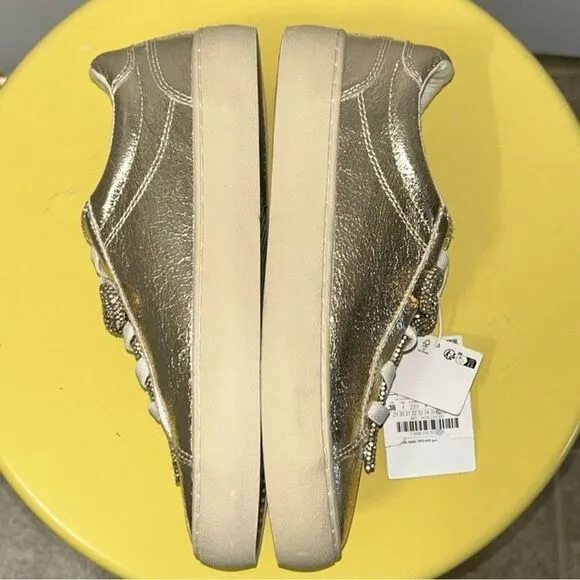 Zara Metallic Gold tone Lace up Sneakers(Size 4)