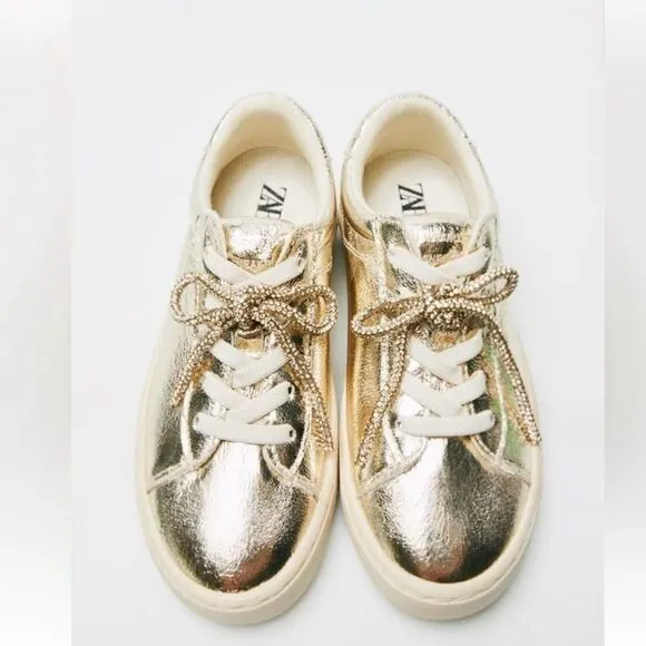 Zara Metallic Gold tone Lace up Sneakers(Size 4)